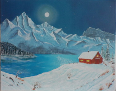 Painting titled "Montagnes enneigées…" by Claude Nexon, Original Artwork, Acrylic Mounted on Wood Stretcher frame