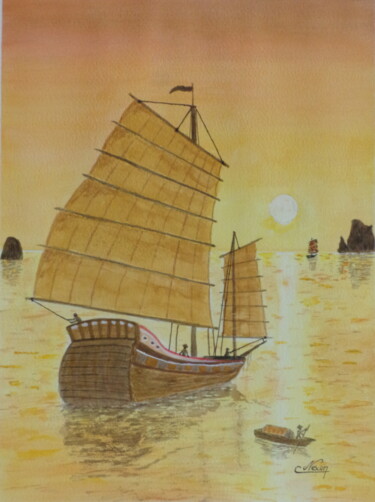 Ζωγραφική με τίτλο "Jonque chinoise sou…" από Claude Nexon, Αυθεντικά έργα τέχνης, Ακουαρέλα