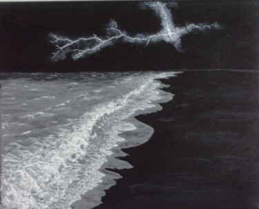Painting titled "Plage de nuit sous…" by Claude Nexon, Original Artwork, Acrylic Mounted on Wood Stretcher frame