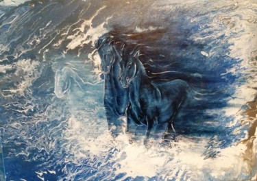 Painting titled "Blue horses" by Claude Jeudy, Original Artwork, Oil Mounted on Wood Stretcher frame