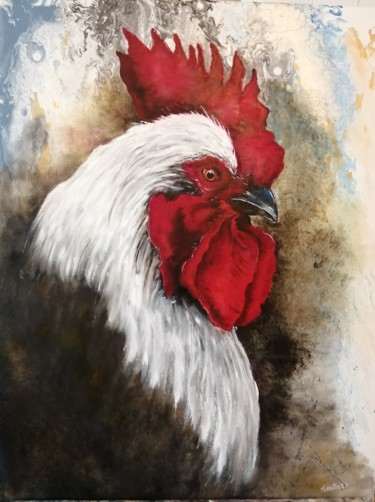 Painting titled "Coq blanc" by Claude Jeudy, Original Artwork, Oil Mounted on Wood Stretcher frame