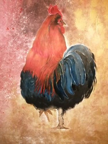 Painting titled "Coq" by Claude Jeudy, Original Artwork, Oil