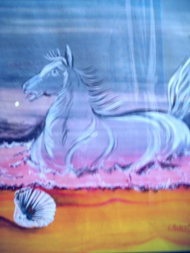 Peinture intitulée "cheval dans l'eau" par Claude Poisson, Œuvre d'art originale
