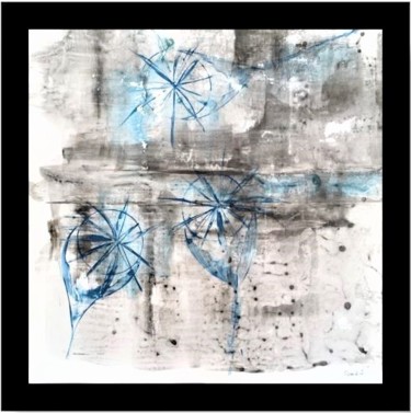 Painting titled "3 Pavots bleus. Enc…" by Claude Quentelo, Original Artwork, Ink Mounted on Wood Panel