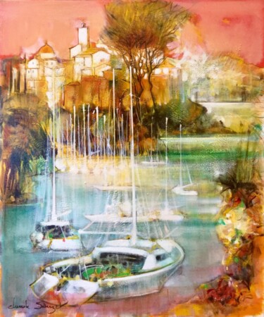 Картина под названием "Bateaux en Italie" - Claude Sauzet, Подлинное произведение искусства, Масло
