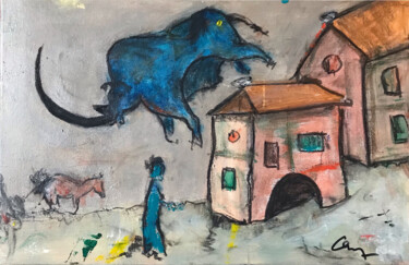 Ζωγραφική με τίτλο "Rhinocéros bleu" από Claude-Yvan Conne, Αυθεντικά έργα τέχνης, Ακρυλικό