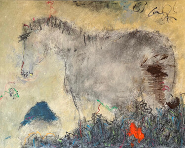 Painting titled "Cheval dans la brume" by Claude-Yvan Conne, Original Artwork, Acrylic Mounted on Wood Stretcher frame