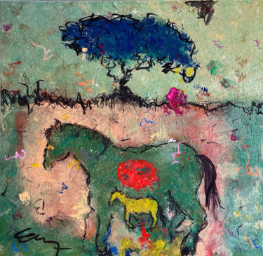Painting titled "Poney jaune" by Claude-Yvan Conne, Original Artwork, Acrylic