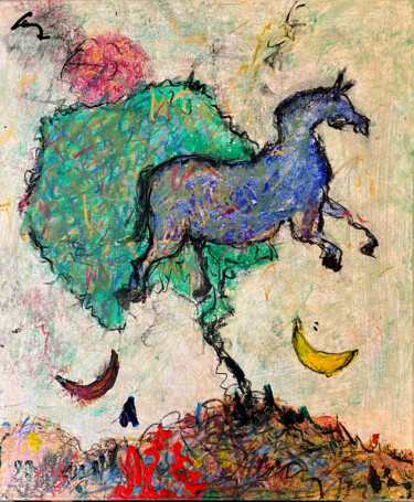 Peinture intitulée "Cheval aux deux lun…" par Claude-Yvan Conne, Œuvre d'art originale, Acrylique