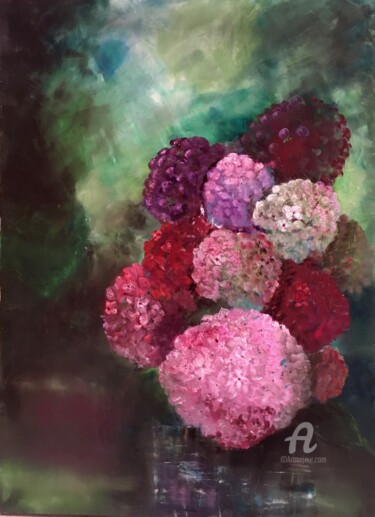 Картина под названием "Hortensias rose.jpeg" - Claude D'Haeyé, Подлинное произведение искусства, Масло
