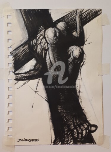 Dessin intitulée "Cruci-Fiction 30x24…" par Claude Duvauchelle, Œuvre d'art originale, Marqueur