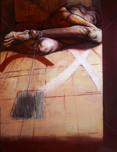 Painting titled "Perspective au rouge" by Claude Duvauchelle, Original Artwork, Acrylic Mounted on Wood Stretcher frame