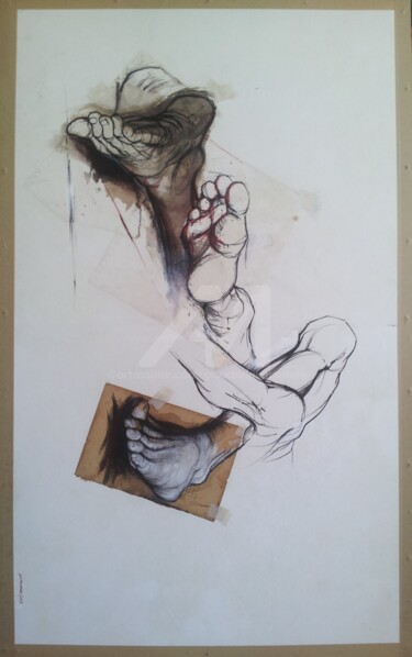 GROUPE DE PIEDS Technique Mixte sur Papier Marouflé sur Panneau 81x130cm Dessin intitulée "GROUPE DE PIEDS Tec…" par Claude Duvauchelle, Œuvre d'art originale, Autre