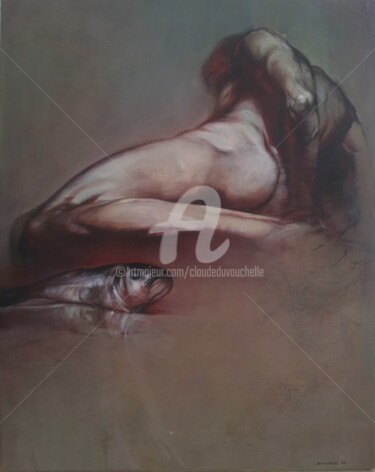 Картина под названием "HOMME et POISSON 93…" - Claude Duvauchelle, Подлинное произведение искусства, Акрил Установлен на Дер…