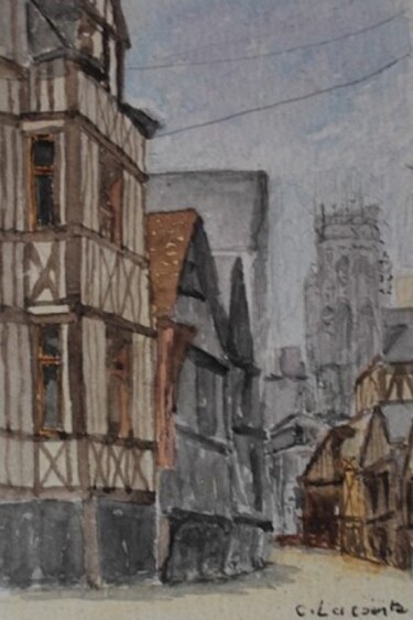 Painting titled "rue damiette(rouen)." by Claude Lacointe, Original Artwork, Watercolor