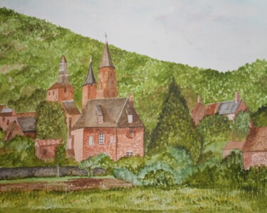 Painting titled "collonges-la-rouge" by Claude Lacointe, Original Artwork, Watercolor