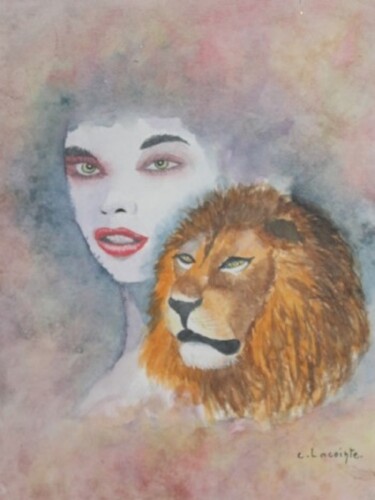 Painting titled "visage au lion" by Claude Lacointe, Original Artwork, Watercolor