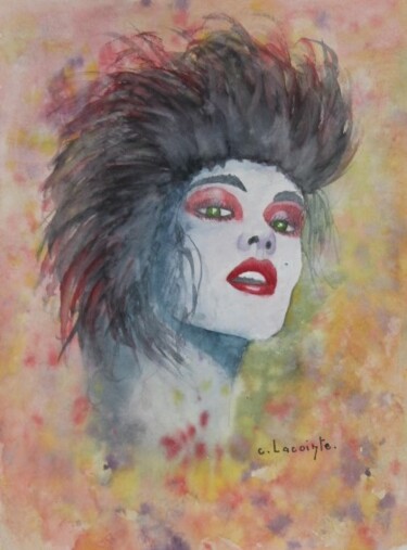 Painting titled "visage(9)" by Claude Lacointe, Original Artwork, Watercolor