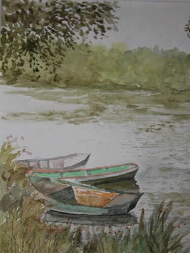 Painting titled "les barques" by Claude Lacointe, Original Artwork, Watercolor
