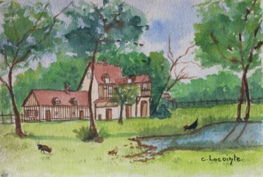 Painting titled "la ferme" by Claude Lacointe, Original Artwork, Watercolor