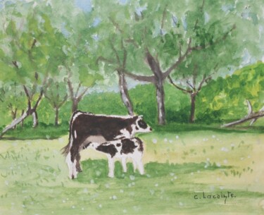 Painting titled "vache et son petit" by Claude Lacointe, Original Artwork, Watercolor