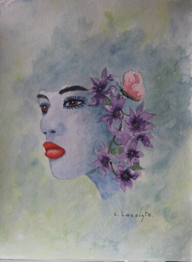 Painting titled "visage aux passifle…" by Claude Lacointe, Original Artwork, Watercolor