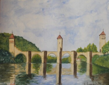 Malerei mit dem Titel "le pont de valentré…" von Claude Lacointe, Original-Kunstwerk, Aquarell