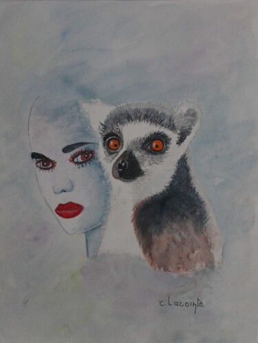 Painting titled "visage au limurien" by Claude Lacointe, Original Artwork, Watercolor