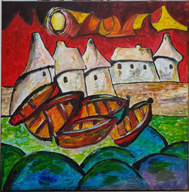 Картина под названием "Les barques échouées" - Claude Grand, Подлинное произведение искусства, Акрил