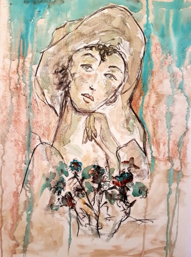 Drawing titled "Jeune fille au bouq…" by Claude Grand, Original Artwork, Charcoal