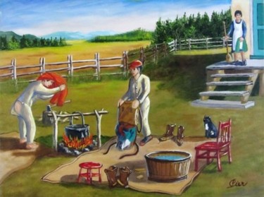 Painting titled "Le dépouillage" by Claude St-Pierre, Original Artwork, Oil