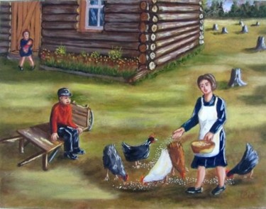 Painting titled "Maman et ses poules" by Claude St-Pierre, Original Artwork, Oil