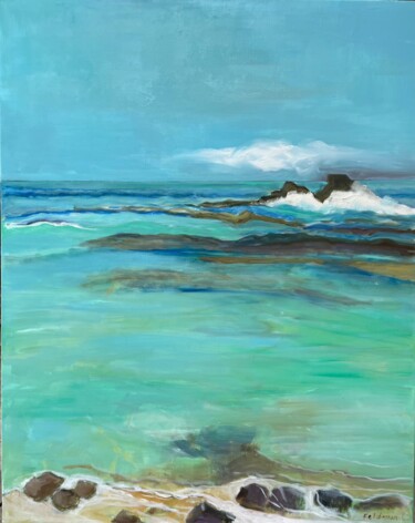 Painting titled "Le lagon" by Claudia Feldman, Original Artwork, Oil Mounted on Wood Stretcher frame