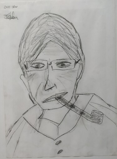 Tekening getiteld "Homme avec la pipe" door Claudia Moro, Origineel Kunstwerk, Houtskool Gemonteerd op Houten paneel