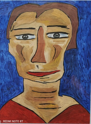 Painting titled "Homme avec fond bleu" by Claudia Moro, Original Artwork, Acrylic Mounted on Wood Panel