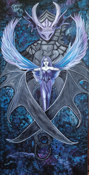 Ζωγραφική με τίτλο "Angel and Dragon" από Claudia Regina Reis, Αυθεντικά έργα τέχνης, Ακρυλικό Τοποθετήθηκε στο Ξύλινο πάνελ