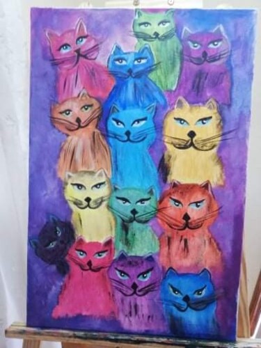 Schilderij getiteld "Gatos" door Claudia Regina Reis, Origineel Kunstwerk, Acryl