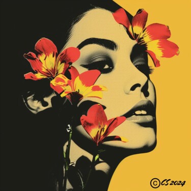Schilderij getiteld "FLOWERS IN THE FACE" door Claudia Sauter (Poptonicart), Origineel Kunstwerk, Digitale collage