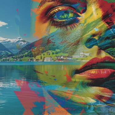 Peinture intitulée "GREEN MOUNTAIN LAKE" par Claudia Sauter (Poptonicart), Œuvre d'art originale, Collage numérique