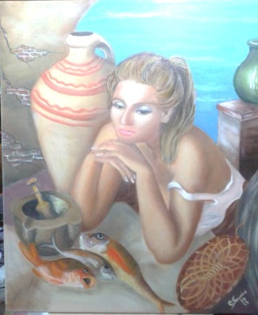 Pittura intitolato "donna a mare" da Claudia Savoini, Opera d'arte originale, Olio