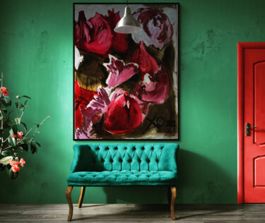 Painting titled "Haunting Flowers" by Claudie Baran, Original Artwork, Oil Mounted on Wood Stretcher frame