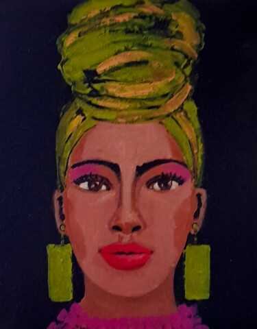 Painting titled "TURBANISTA" by Claudie Saintot, Original Artwork, Acrylic Mounted on Wood Stretcher frame