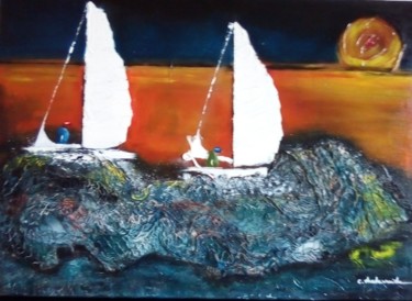 Painting titled "rentrée au port" by Claudie Thedevuide, Original Artwork, Oil Mounted on Wood Stretcher frame