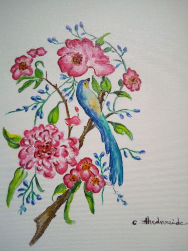 Painting titled "Oiseau bleu" by Claudie Thedevuide, Original Artwork, Watercolor
