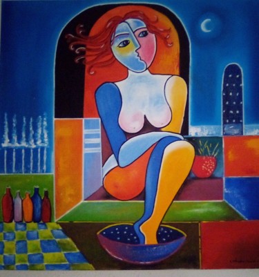 Peinture intitulée "la femme au bain" par Claudie Thedevuide, Œuvre d'art originale, Huile
