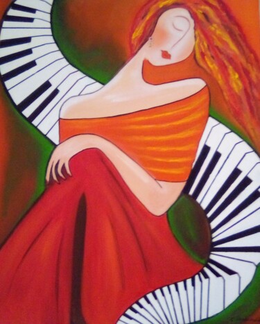 Painting titled "La pianiste" by Claudie Thedevuide, Original Artwork, Oil Mounted on Wood Stretcher frame
