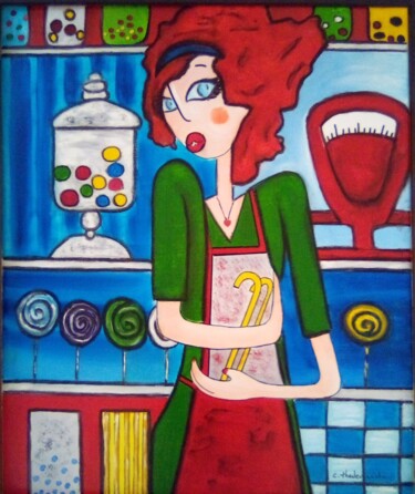 Painting titled "la marchande de bon…" by Claudie Thedevuide, Original Artwork, Oil Mounted on Wood Stretcher frame