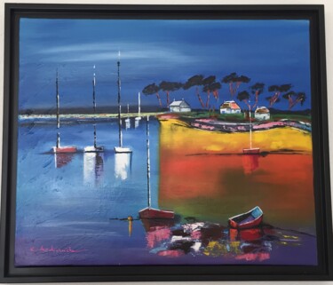 Painting titled "paysage camarguais" by Claudie Thedevuide, Original Artwork, Oil Mounted on Wood Stretcher frame