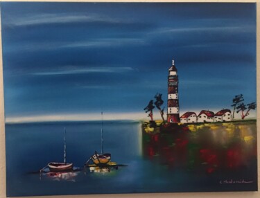 Painting titled "le phare" by Claudie Thedevuide, Original Artwork, Oil Mounted on Wood Stretcher frame