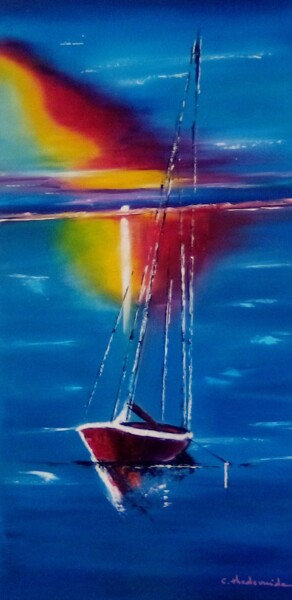 Painting titled "coucher de soleil 3" by Claudie Thedevuide, Original Artwork, Oil Mounted on Wood Stretcher frame